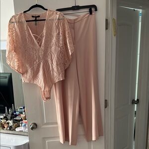 Elegant Lace Bodysuit and Pants Set in Peach